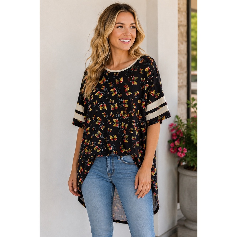 LuLaRoe Womens Top Sz XXS Irma Tunic Butterfly Print Black Pale Yellow NEW